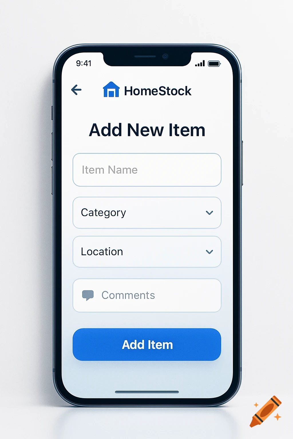 A white smartphone displaying the HomeStock app's "Add New Item" screen with input fields for name, category, location, and comments.