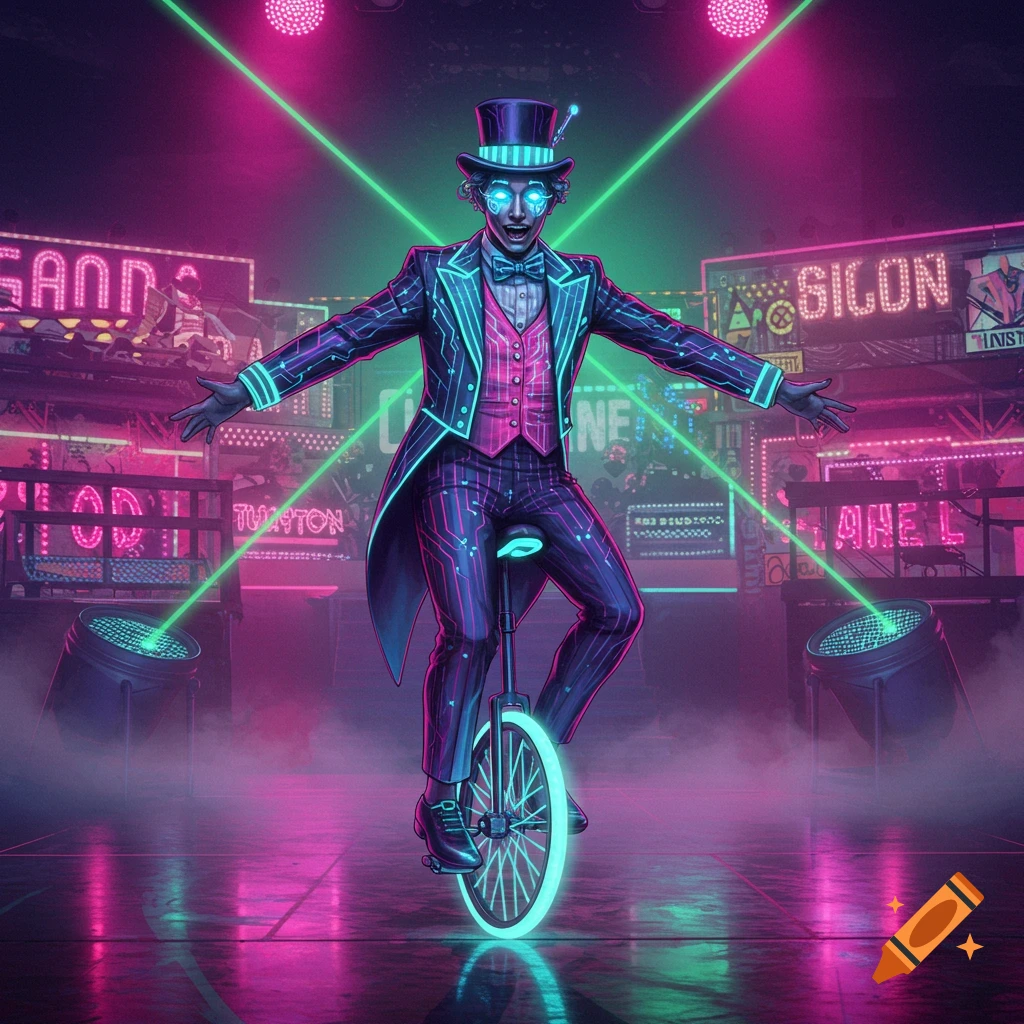 A neon-lit cyberpunk performer in a striped suit and top hat balances on a glowing unicycle on a stage with blurred background signs.
