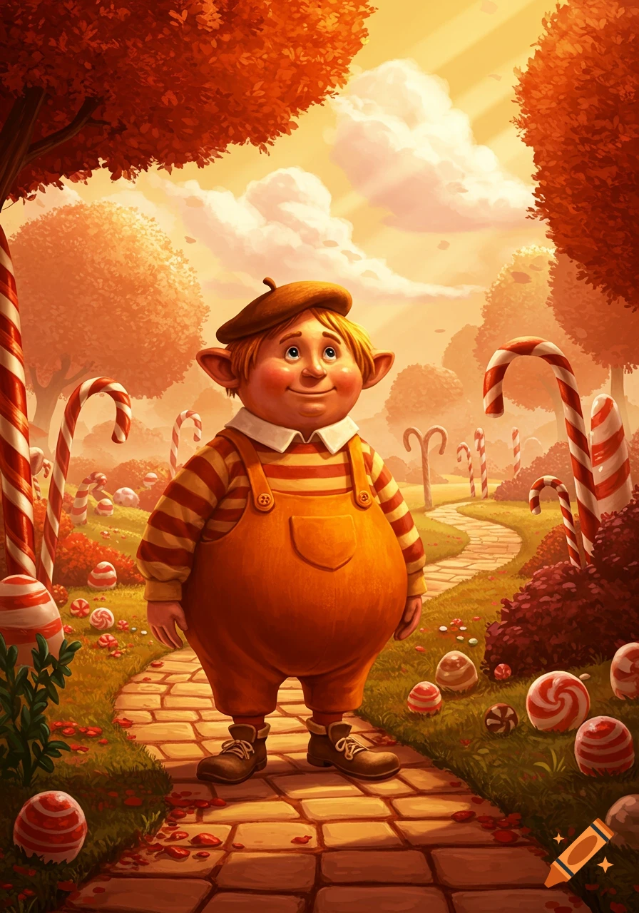 Cartoon character with large ears in orange overalls and beret stands on a path in a candy land with giant candy canes and trees.