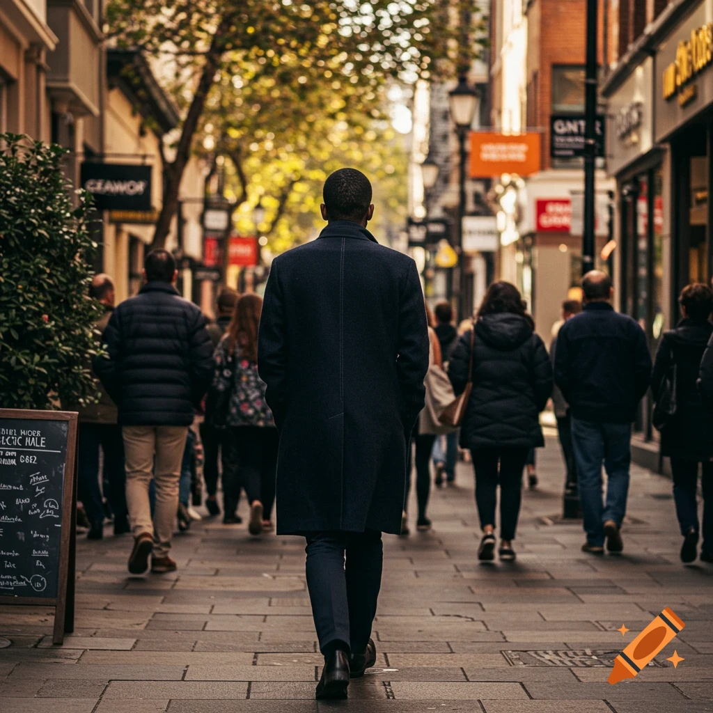 A man in a dark coat walks away from the viewer down a busy pedestrian city street on a sunny day.