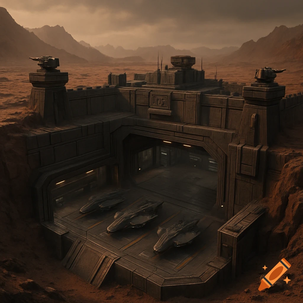A massive sci-fi fortress on a Martian-like planet features turrets and three parked spacecraft.