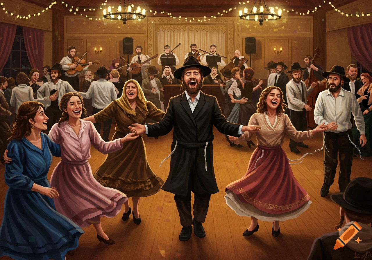 An illustration of Jewish men and women joyfully dancing the Horah in a warmly lit hall, with musicians playing in the background.
