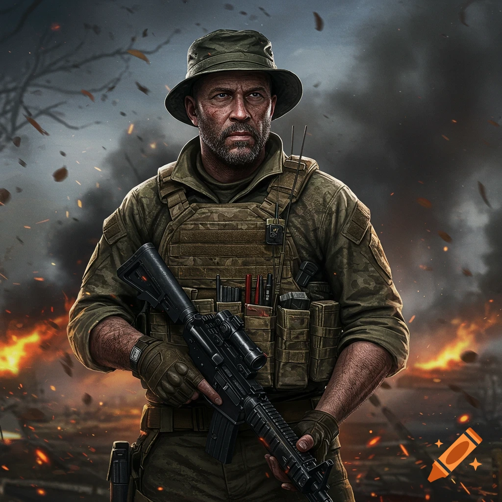 A photorealistic digital painting of a soldier in a boonie hat and tactical vest holding a rifle on a fiery battlefield.