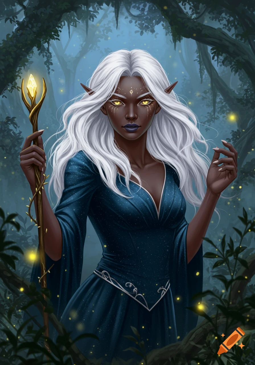 Digital painting of a dark elf woman with white hair and glowing gold eyes, holding a mystical staff in a dark forest.