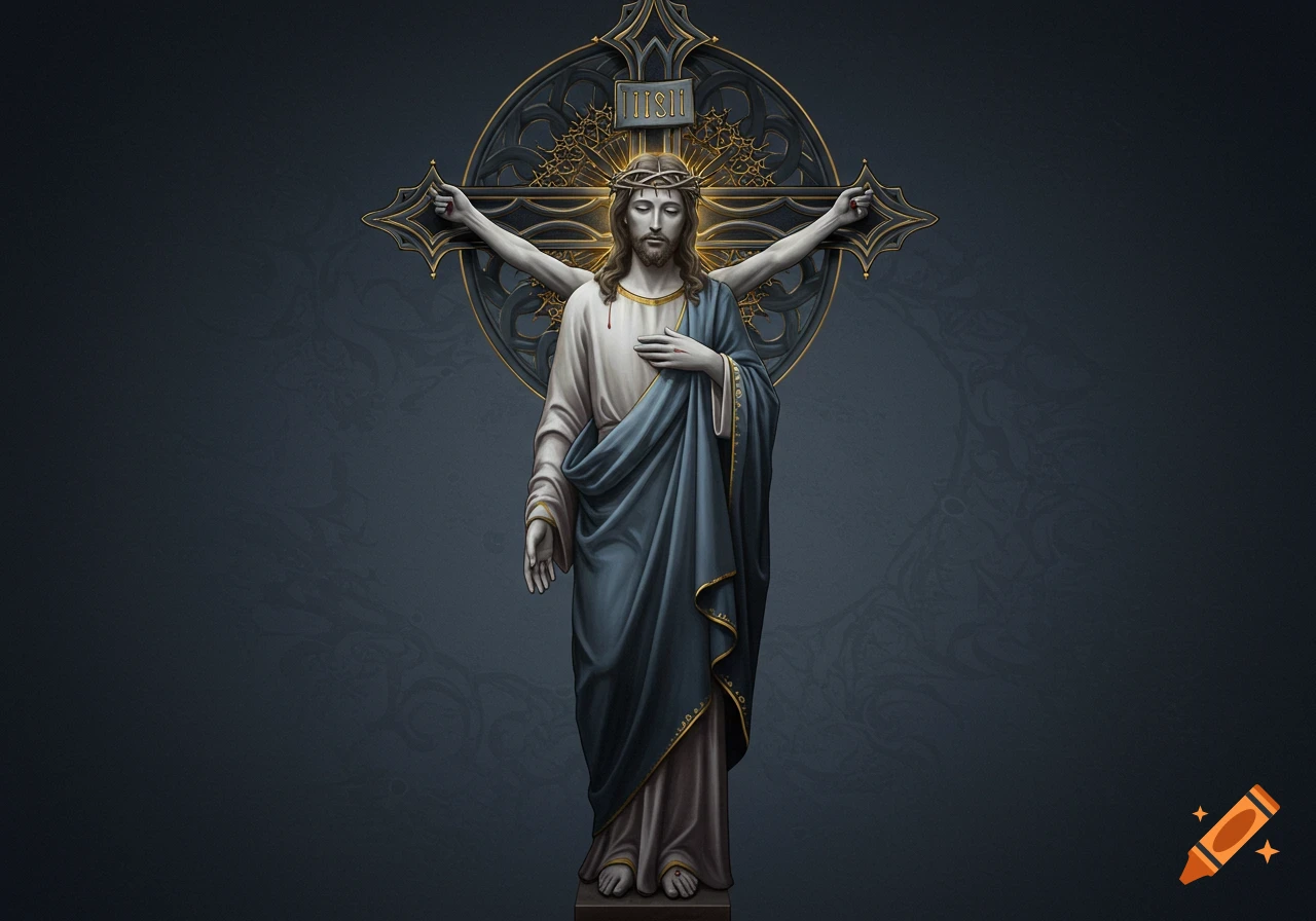 Stylized depiction of Jesus Christ with a crown of thorns and robes, standing before an ornate gothic cross against a dark background.