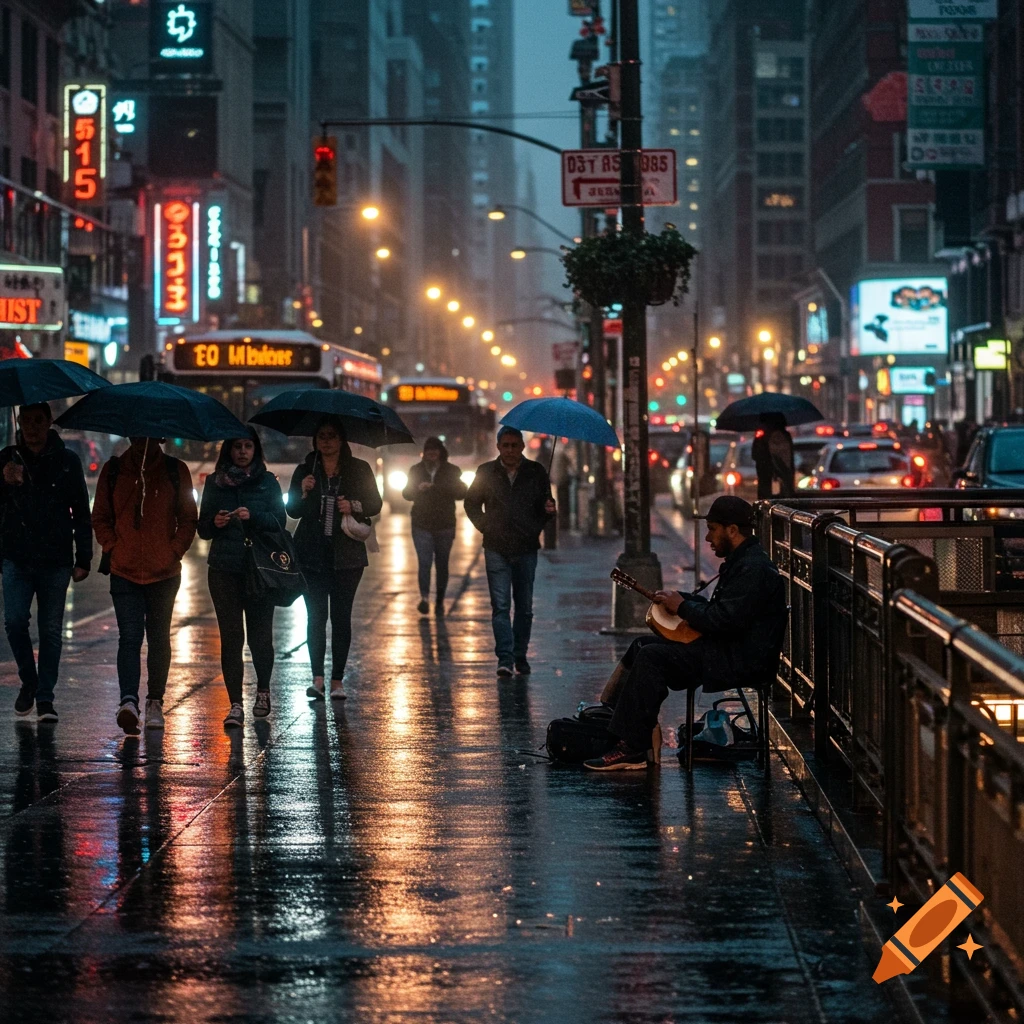 A street musician plays guitar on a wet, rainy city street at night, with people holding umbrellas walking past neon-lit buildings and cars.