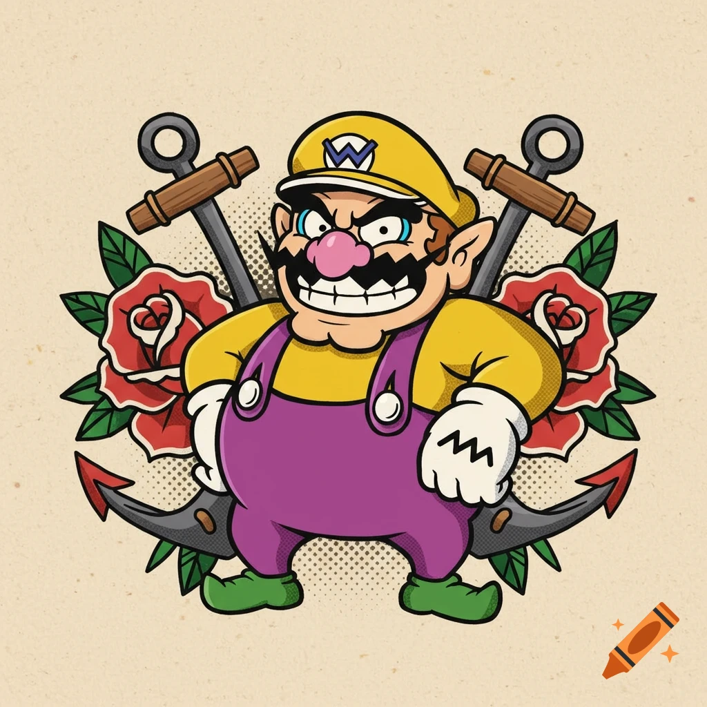 Cartoon illustration of Wario in an old-school tattoo style, featuring anchors and red roses in the background.