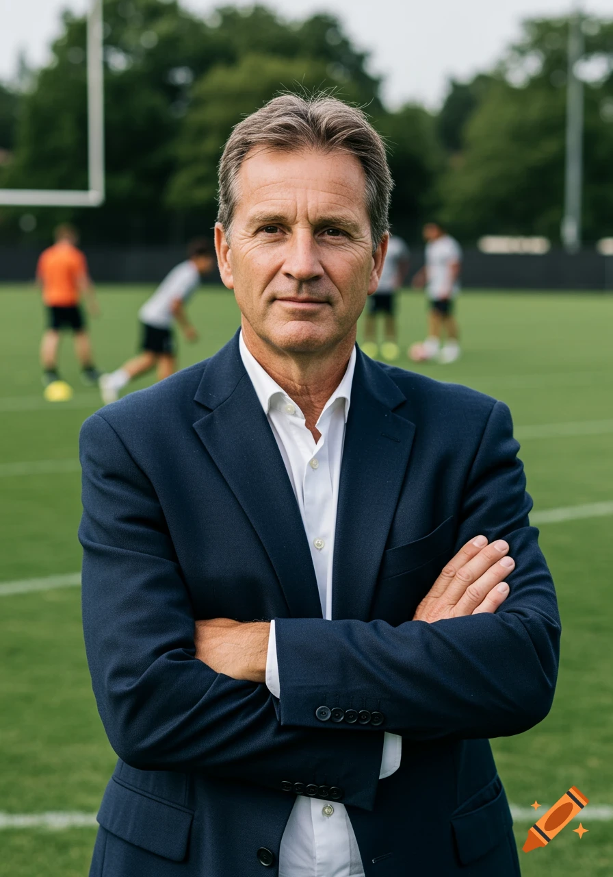 Photorealistic portrait of a middle-aged man in a suit with crossed arms on a football field with blurred players.