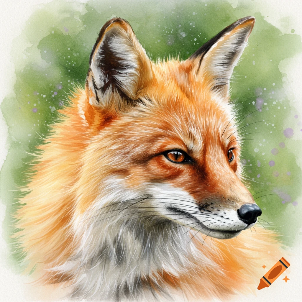 A watercolor painting of a fox's face in side profile with a green background.