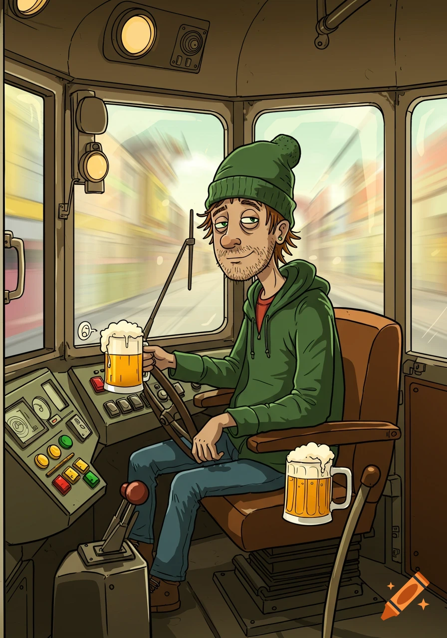 A cartoon illustration of a scruffy man in a green beanie and hoodie, holding a beer mug while driving a tram. Another beer mug is on the seat.