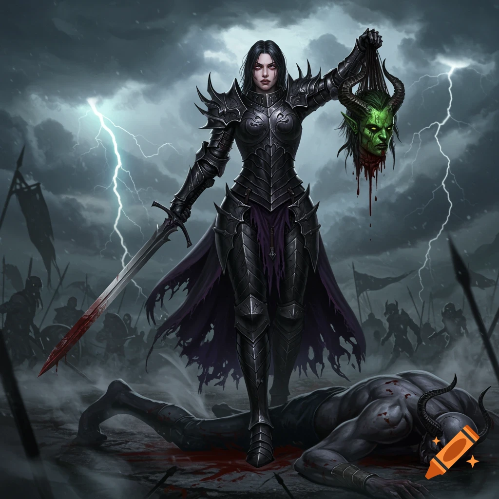 A female knight in black armor with purple accents holds a severed green demon head and a bloody sword over a fallen demon, with a stormy battlefield in the background.