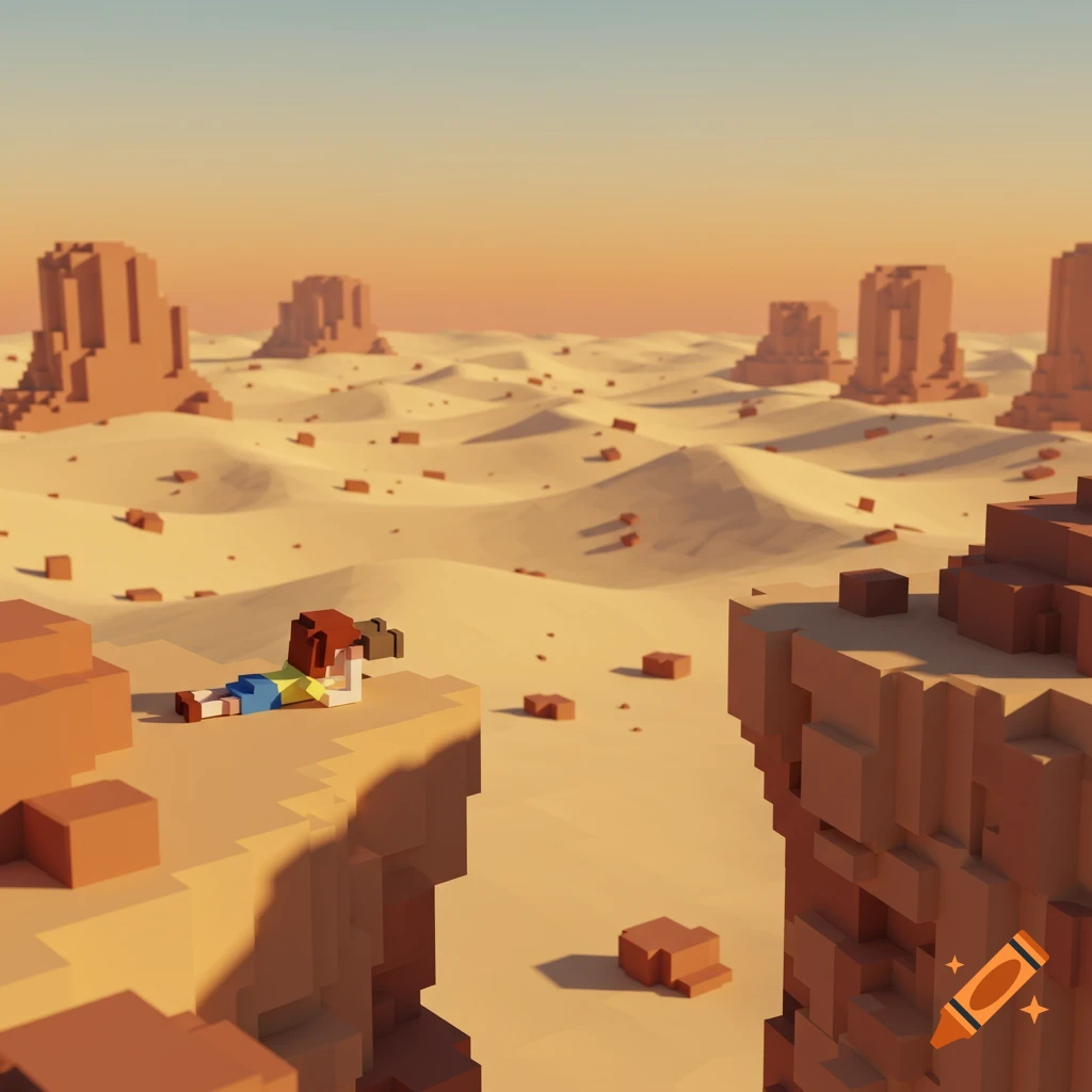 A minimalistic voxel art style image of a girl laying prone on a desert cliff, looking through binoculars at a vast sandy landscape with rock formations under a clear sky.