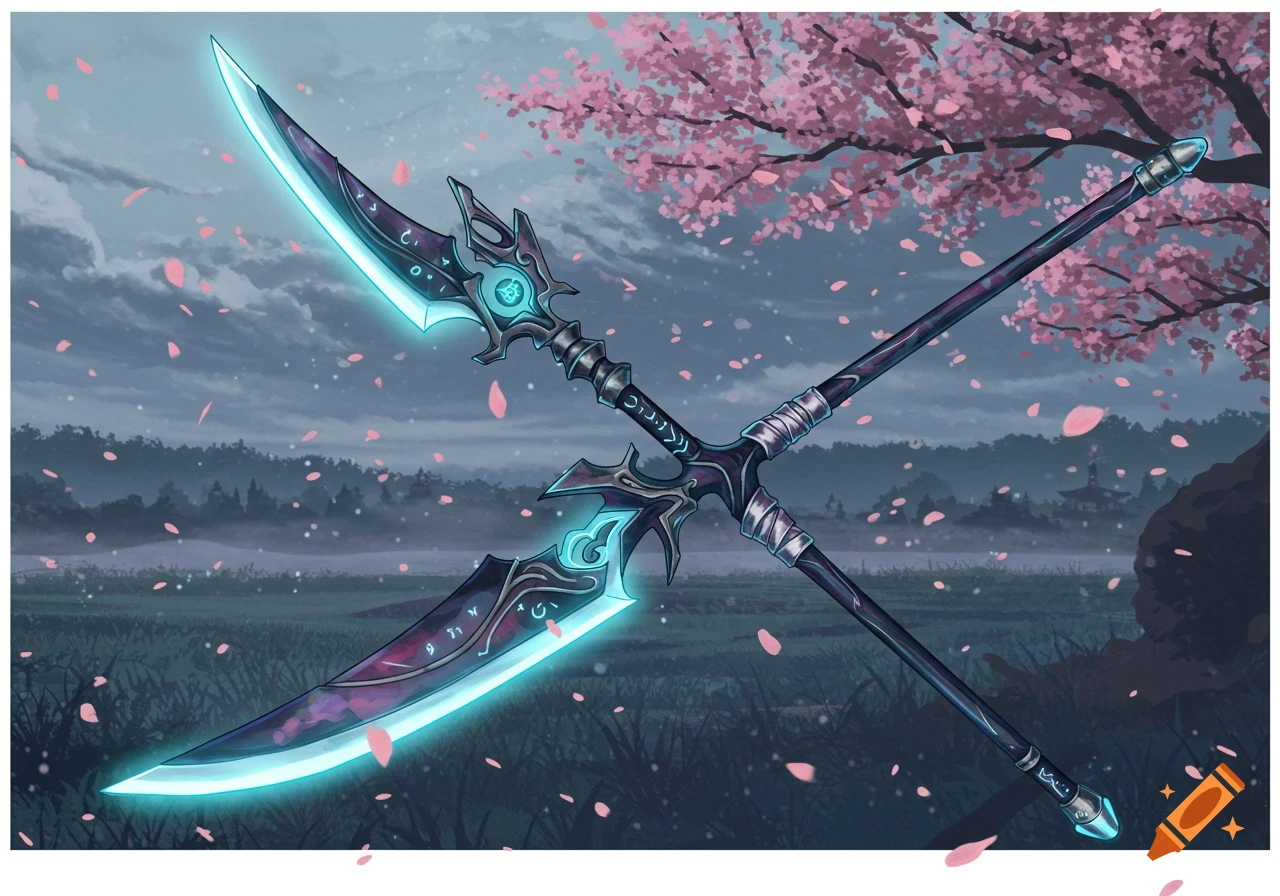 Anime-style glowing naginata with a blue blade, set against a background of pink cherry blossoms and a misty landscape at dusk.