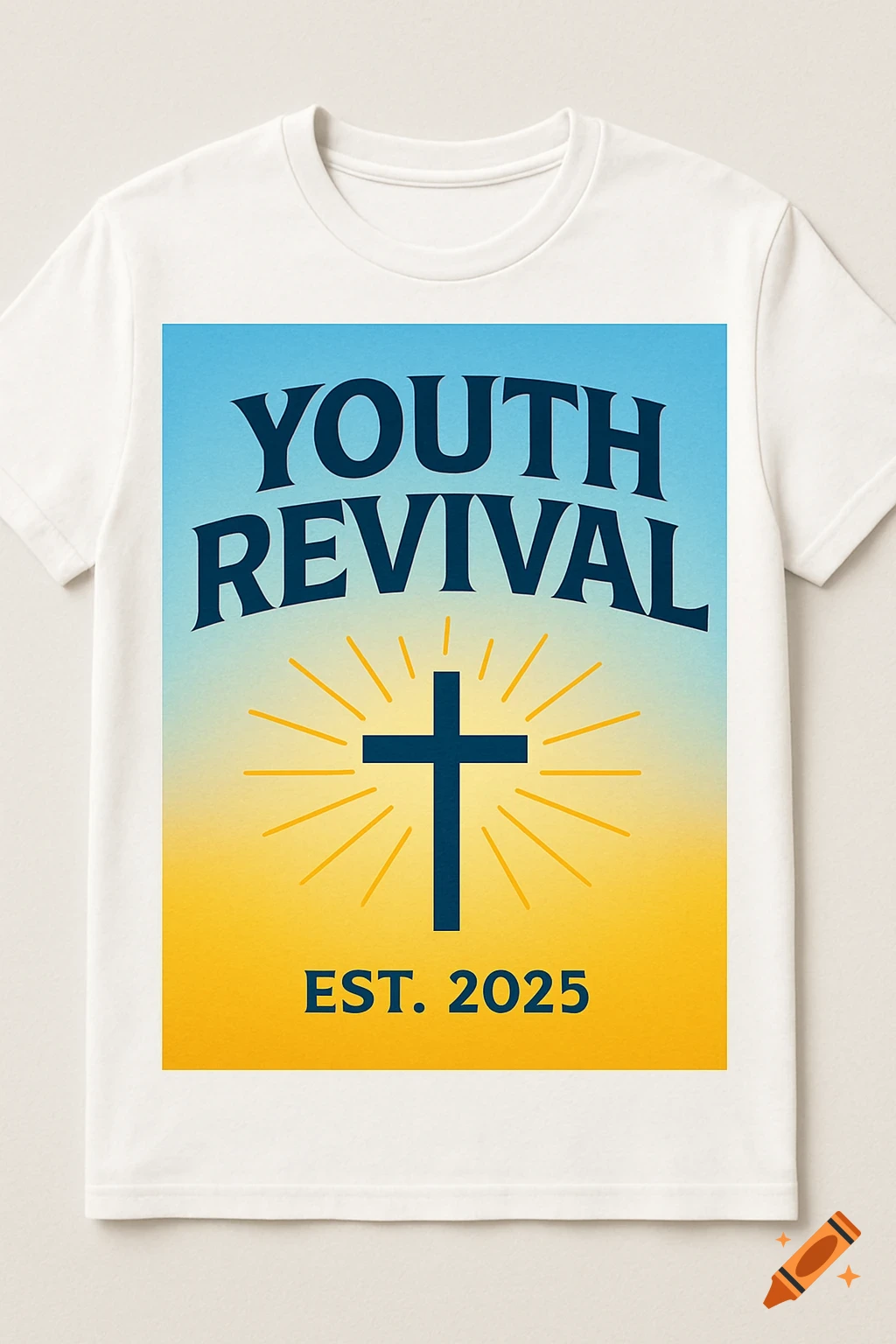A white t-shirt with a blue and yellow gradient graphic featuring the words "YOUTH REVIVAL" and "EST. 2025" above and below a central cross with radiating lines.
