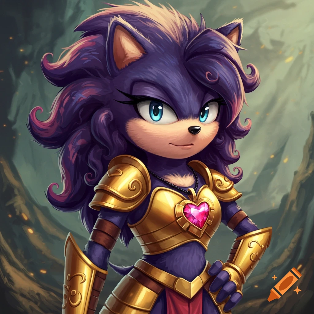 A purple female hedgehog character with curly quills and blue eyes, wearing golden warrior armor with a heart-shaped ruby pendant, in a fantasy cartoon style.