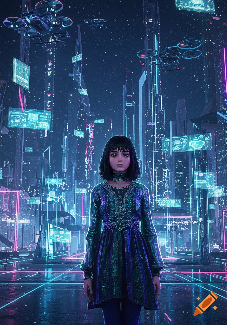 A girl with dark hair in a shimmering purple and green futuristic dress stands in a neon-lit cyberpunk city at night with flying drones.
