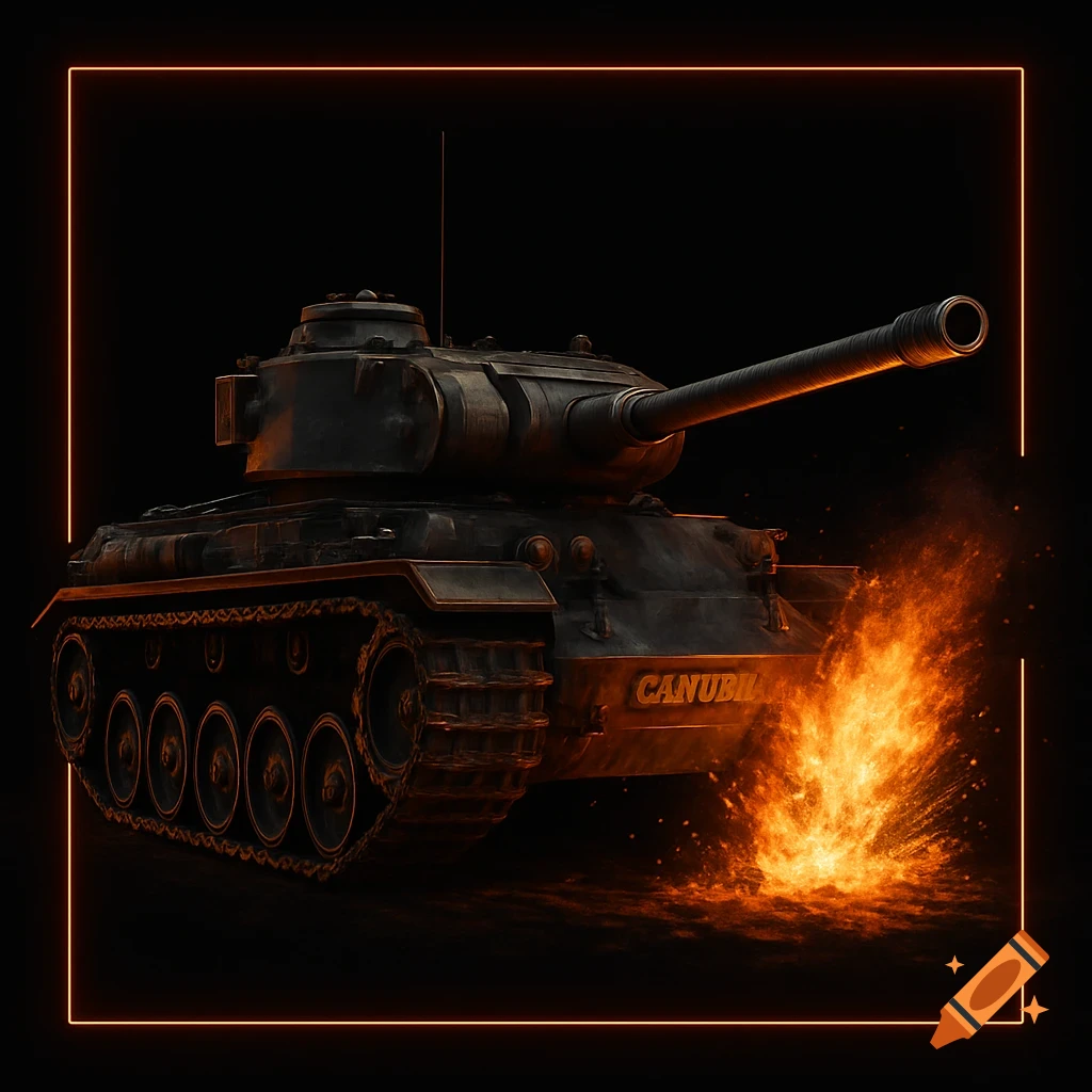 A dark, photorealistic image of a military tank with an orange glowing outline, engulfed in an explosion on its front right side.