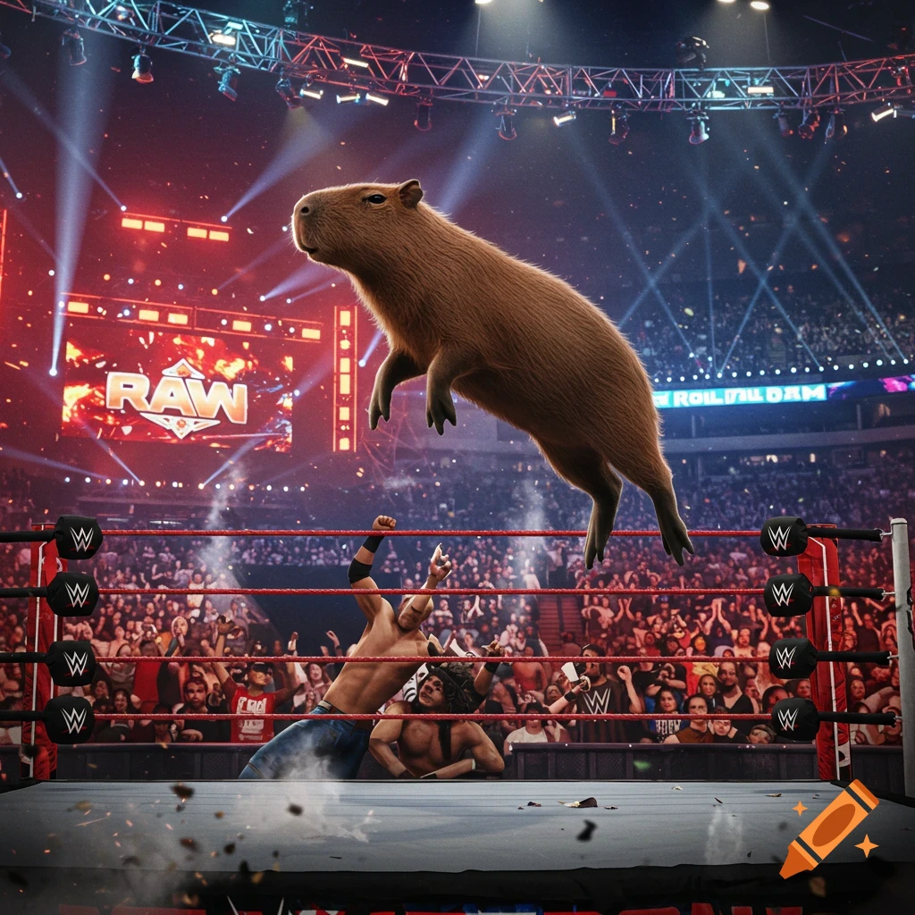 A giant capybara leaps high over two wrestlers in a WWE wrestling ring, under bright stadium lights and a screen displaying 'RAW'.