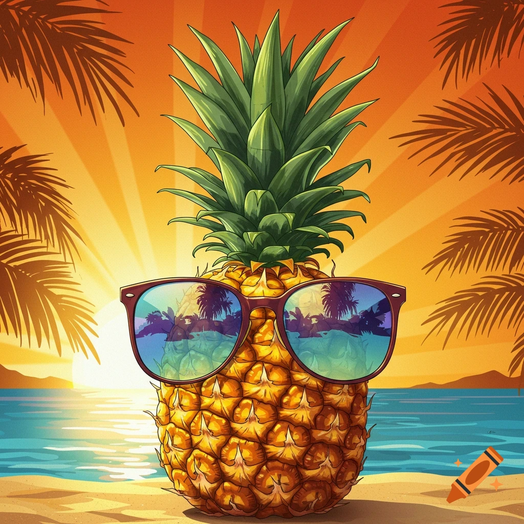 An illustrated pineapple wearing sunglasses on a beach at sunset with palm tree silhouettes.