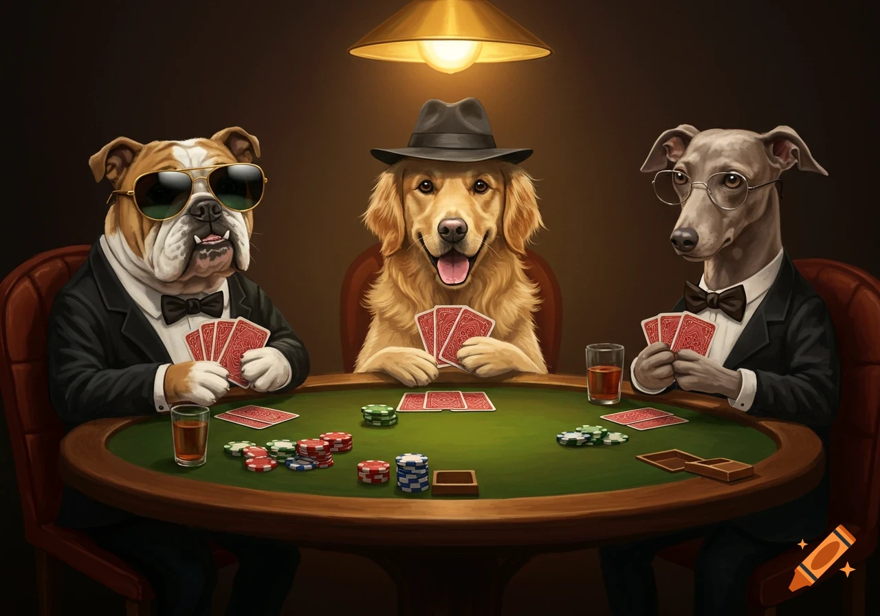 Three anthropomorphic dogs in suits, including a bulldog, golden retriever, and greyhound, play poker at a green table under a lamp.