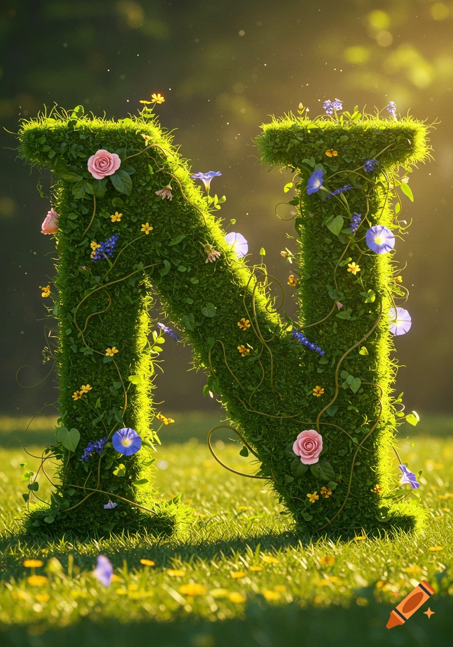 A large letter N made of green moss and covered in pink roses, blue morning glories, and yellow flowers, standing in a sunny grassy field.