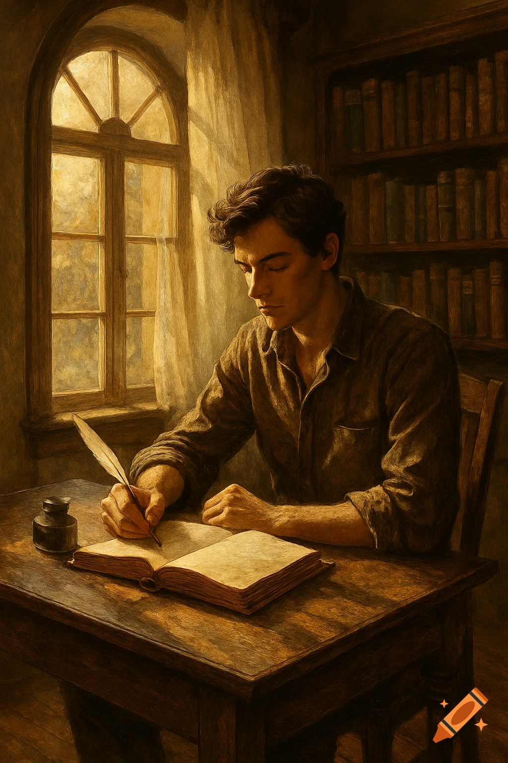A man in historical attire writes in a book with a quill at a wooden desk by a sunlit arched window, in a painting style.
