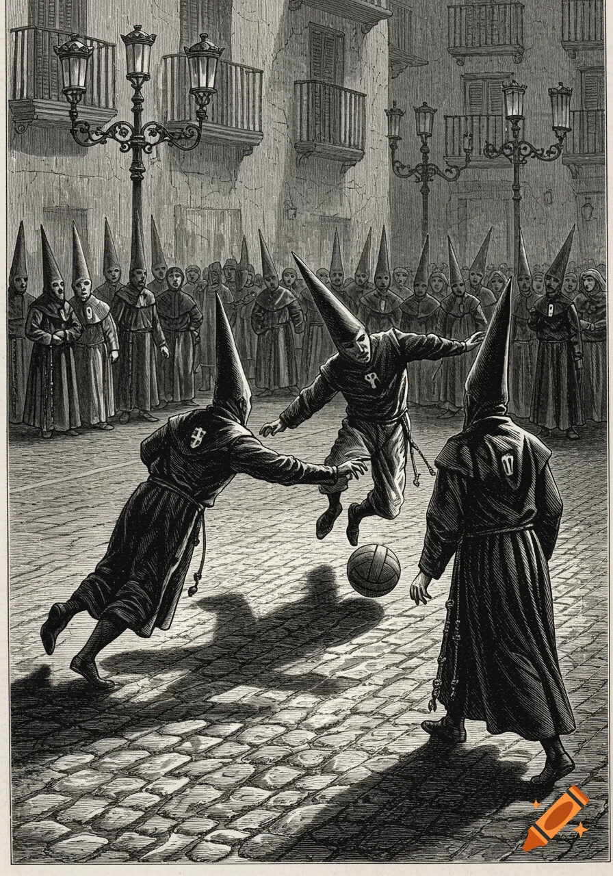 Spanish Penitents in traditional robes and pointed hats playing football on a cobblestone street, in the style of a black and white Victorian engraving.