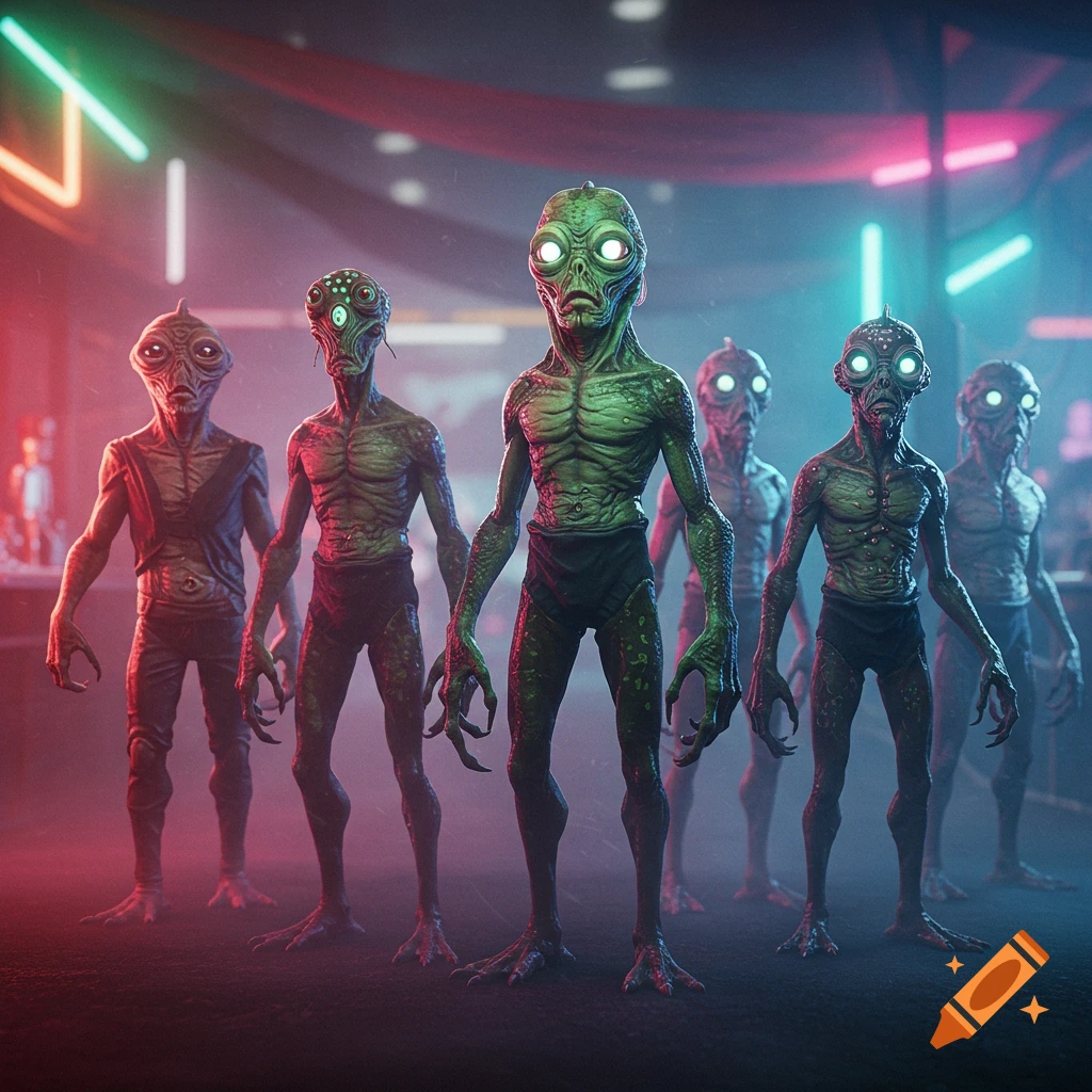 Green-skinned mutant alien action figures with glowing eyes and claws standing in a dimly lit room with neon lights.