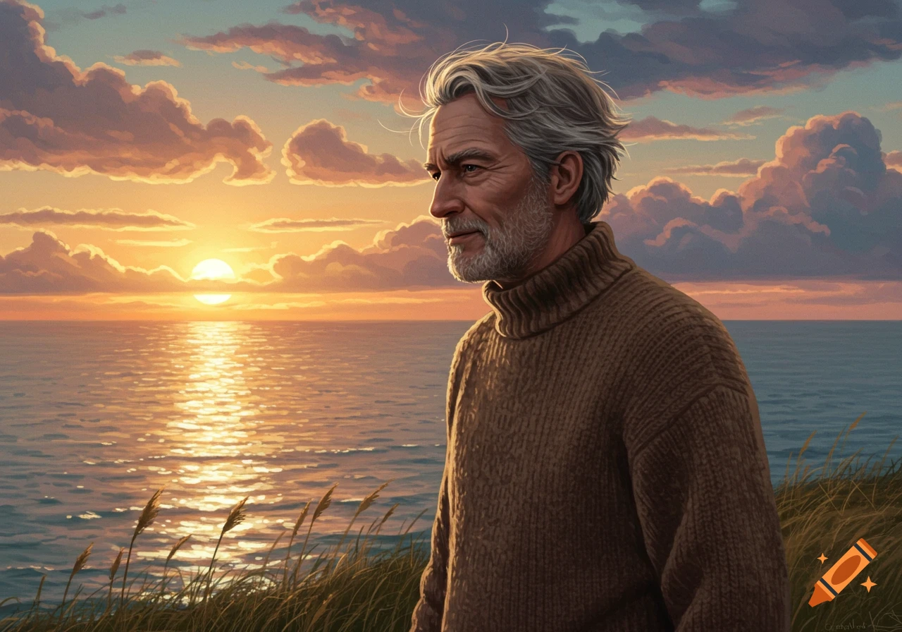 A thoughtful older man with gray hair and a beard, wearing a brown turtleneck, stands on a grassy cliff overlooking a vibrant sunset over the ocean.