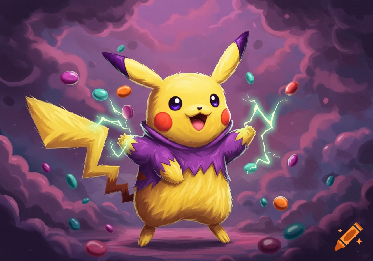 A cartoon character resembling Pikachu with Waluigi's colors, wearing a purple ruffled collar, stands holding glowing lightning bolts, surrounded by colorful floating candies against a dark purple sky.