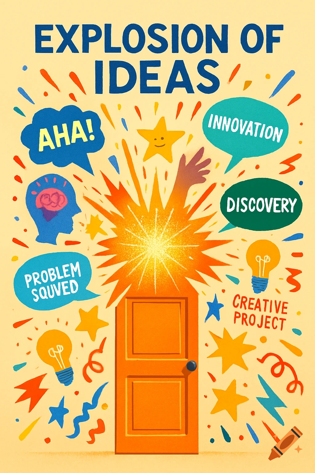A colorful illustration of an orange door bursting with bright light, surrounded by thought bubbles, lightbulbs, and stars with words like 'AHA!', 'Innovation', and 'Discovery'.