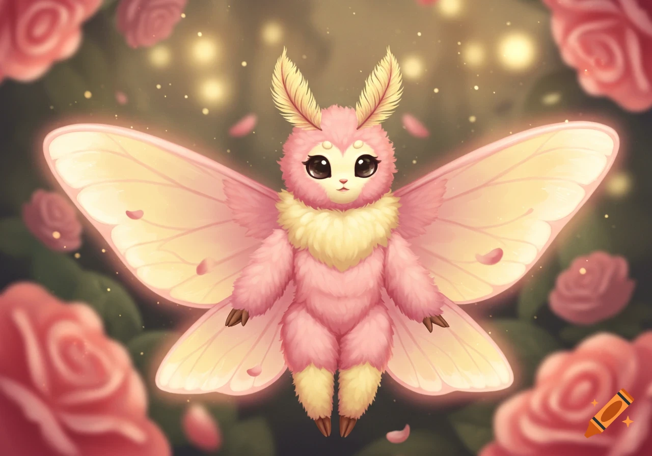 A fluffy, pink and yellow moth-like creature with large glowing wings, surrounded by pink roses and shimmering particles.