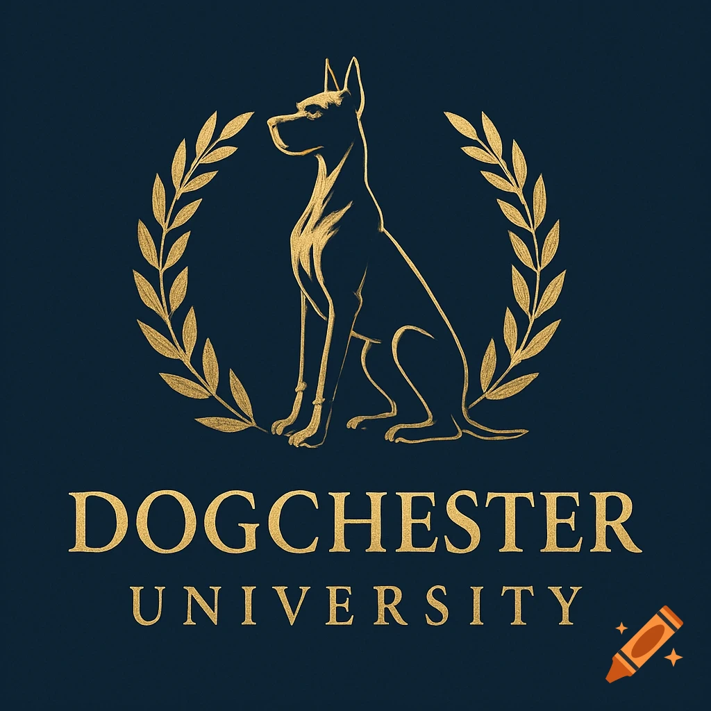 Golden logo featuring a sitting dog silhouette within a laurel wreath, with 'Dogchester University' text below.