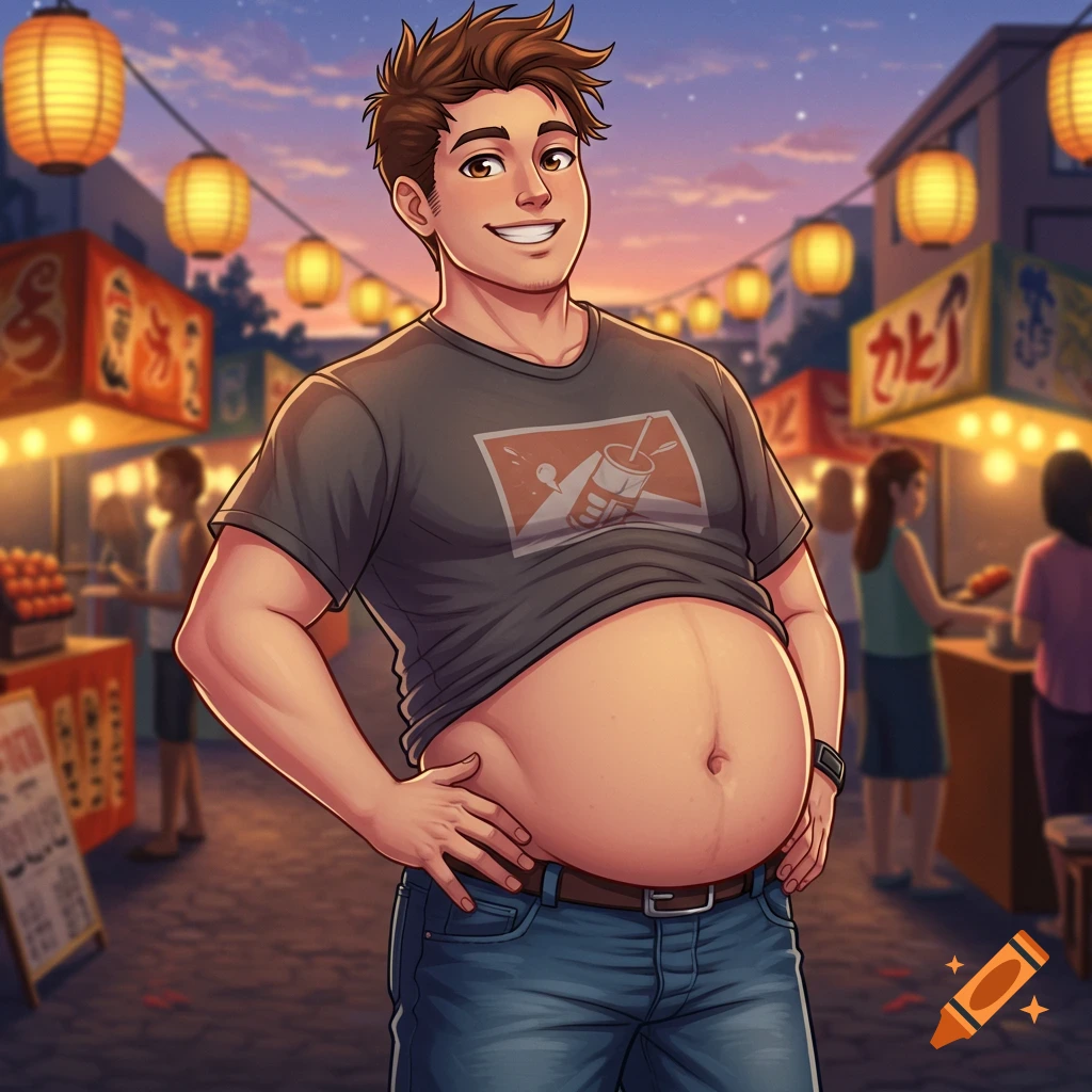 An anime man with a large belly smiles while standing in a busy street market with illuminated lanterns at dusk.