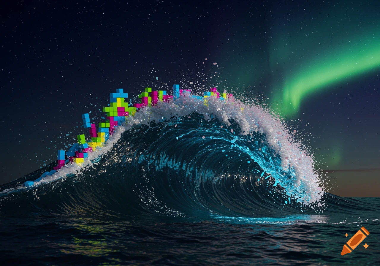 A large blue ocean wave crests with colorful Tetris blocks, under a dark starry sky with a vibrant green aurora.