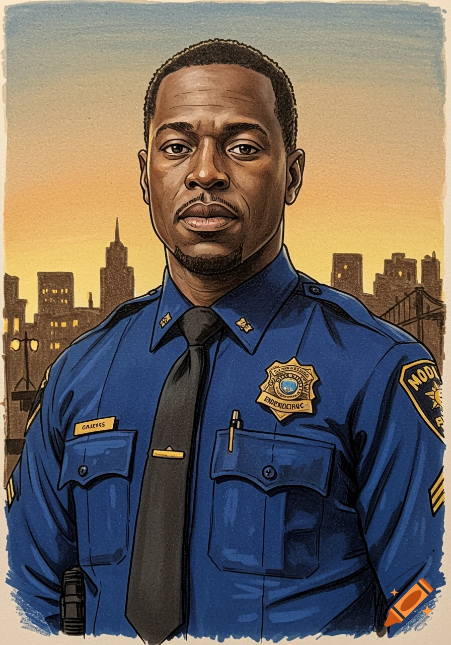 A colored pencil illustration of a Black male police officer in uniform, standing in front of a city skyline at sunset.