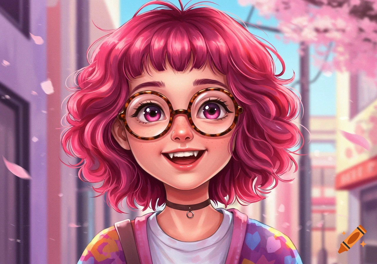 Close-up of a dorky anime girl with pink messy hair, round glasses, and a snaggletooth smile, with cherry blossoms.