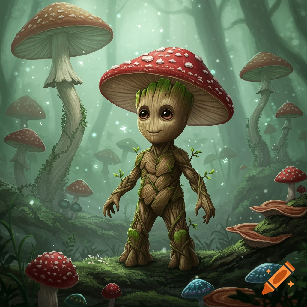 A cute Baby Groot-like mushroom creature with a red cap stands in a vibrant, magical forest filled with colorful mushrooms.