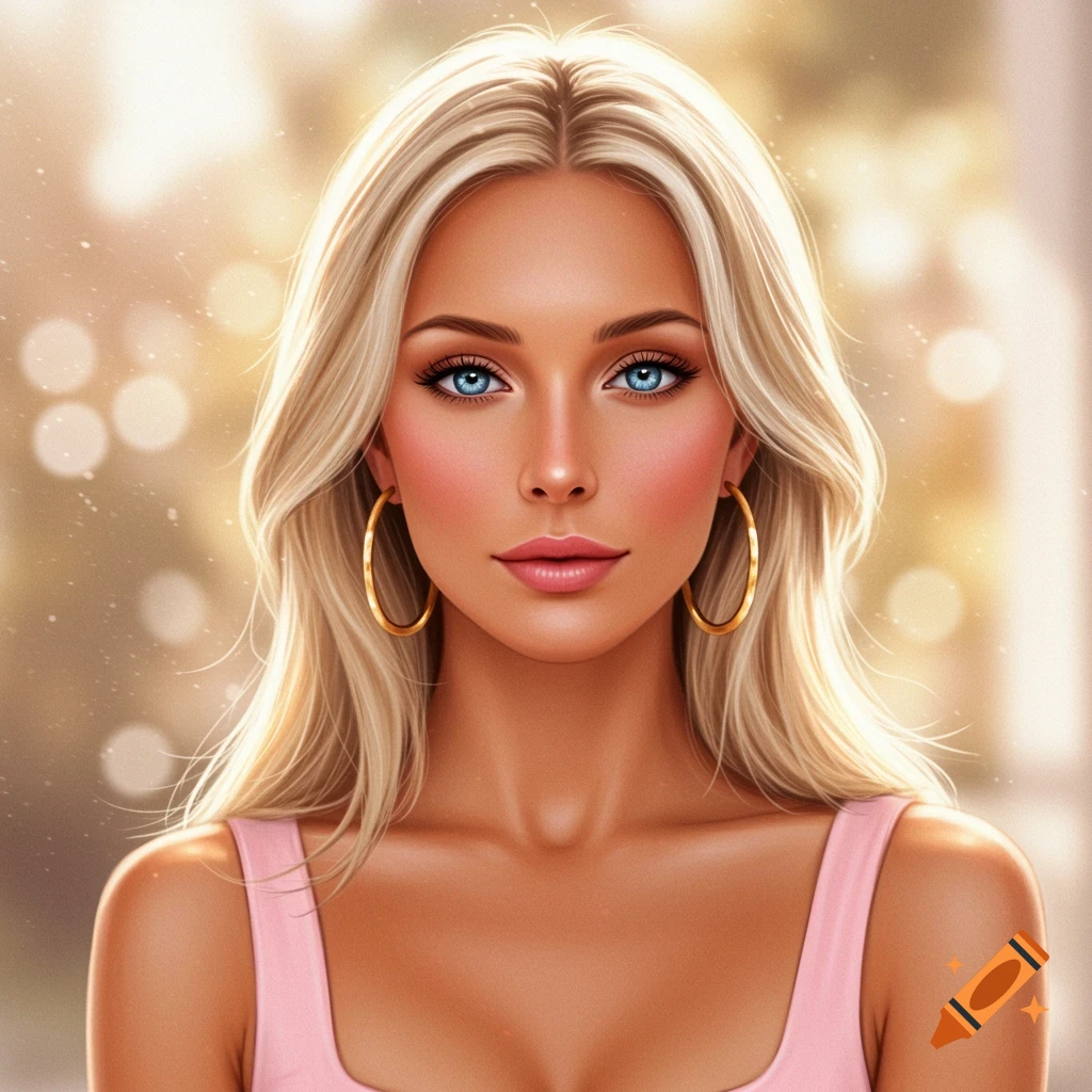 Close-up portrait of a woman with long blonde hair, blue eyes, and tanned skin, wearing a pink top and large gold hoop earrings.