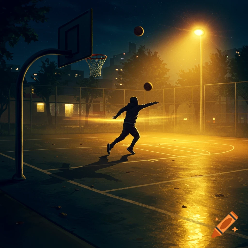 A person plays basketball on an outdoor court at night, illuminated by a street light, with two basketballs in the air.