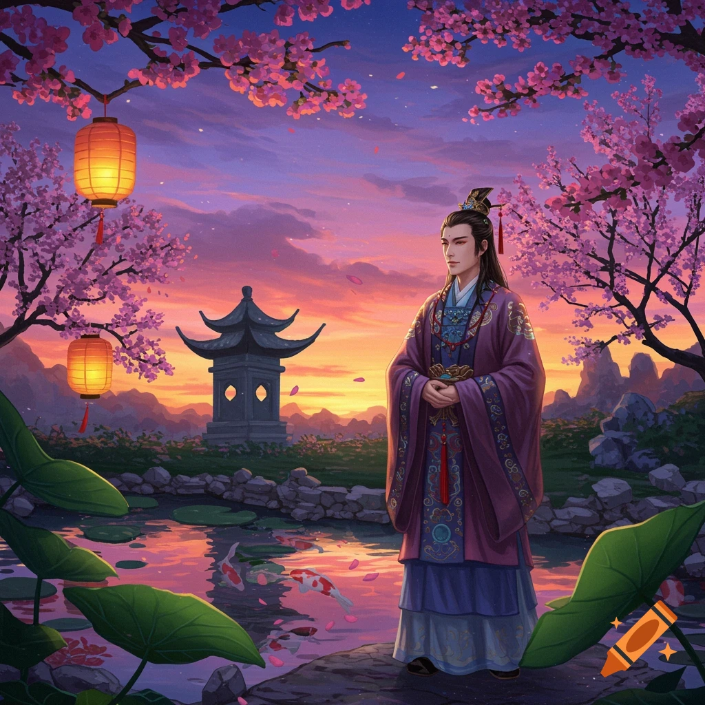 A person in traditional Chinese attire stands by a pond with koi fish and lotus leaves. Cherry blossoms, lanterns, and a pagoda adorn a vibrant sunset landscape.