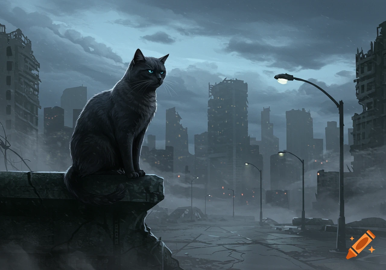 A black cat with glowing blue eyes sits on a broken wall, looking over a ruined, desolate city under a dark, cloudy sky.