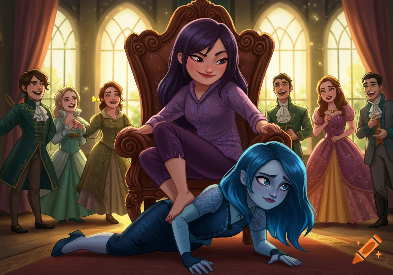 A cartoon illustration of a purple-clad girl smirking on a throne, her foot resting on the back of a blue-haired girl on the floor. Other characters in period clothing laugh in the background of a grand hall.