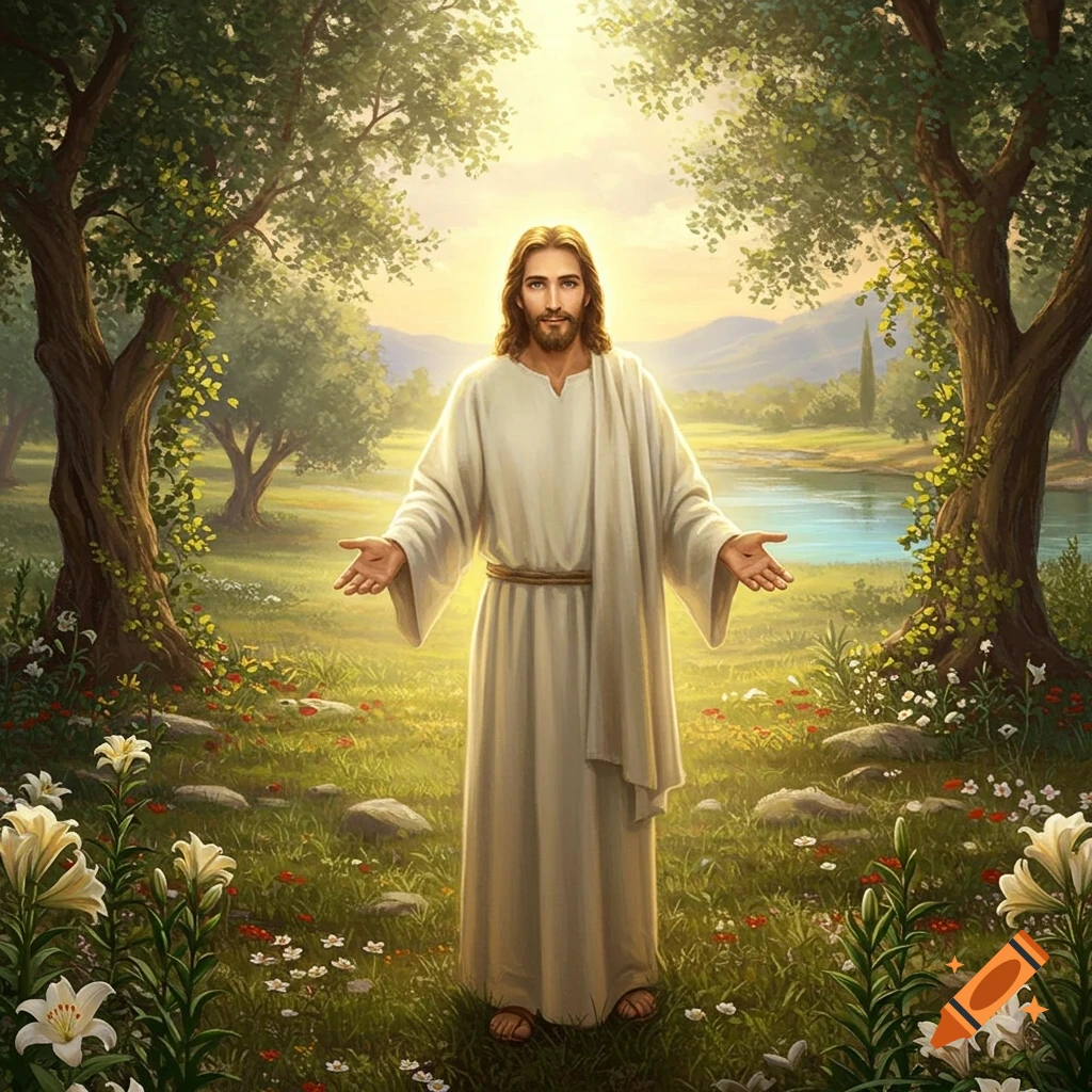 A man with long brown hair and a beard, dressed in white robes, stands in a lush garden with arms outstretched under a bright sky.