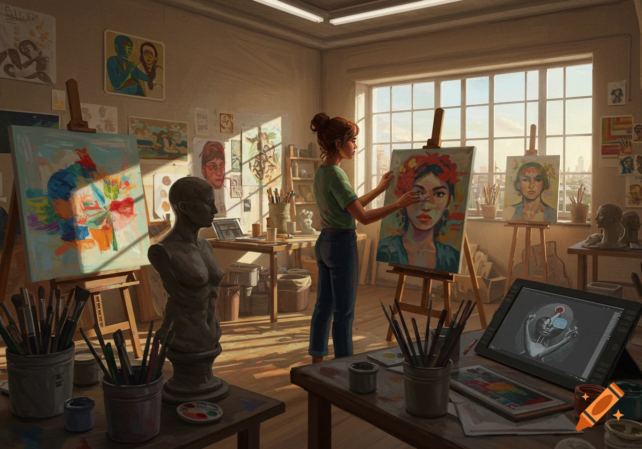 A woman artist paints a colorful portrait on an easel in a sunlit art studio filled with paintings, sculptures, and art supplies.