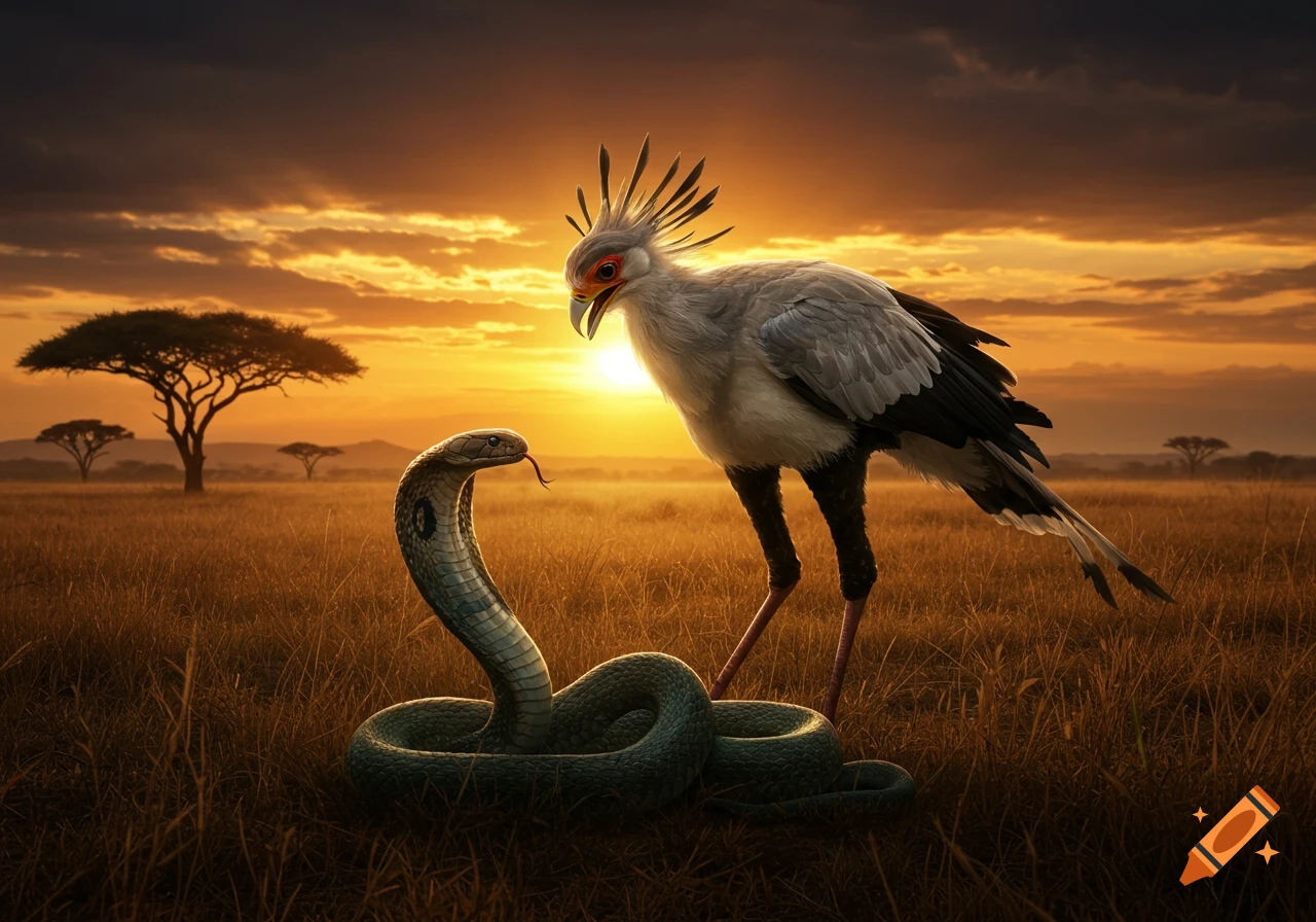 A secretary bird stands over a coiled cobra snake in a photorealistic African savanna at sunset.