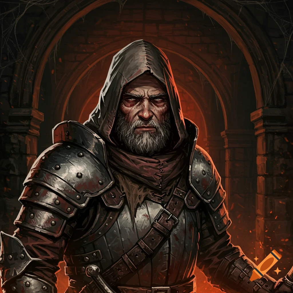 A grim, hooded warrior with a grey beard and glowing red eyes, clad in dark plate armor, stands in a gothic dungeon. Dark fantasy style.