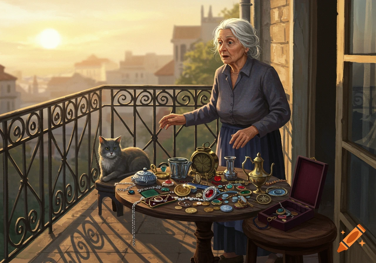 An elderly woman looks surprised at a table filled with trinkets and jewelry on a balcony, with a gray cat beside her in morning light.