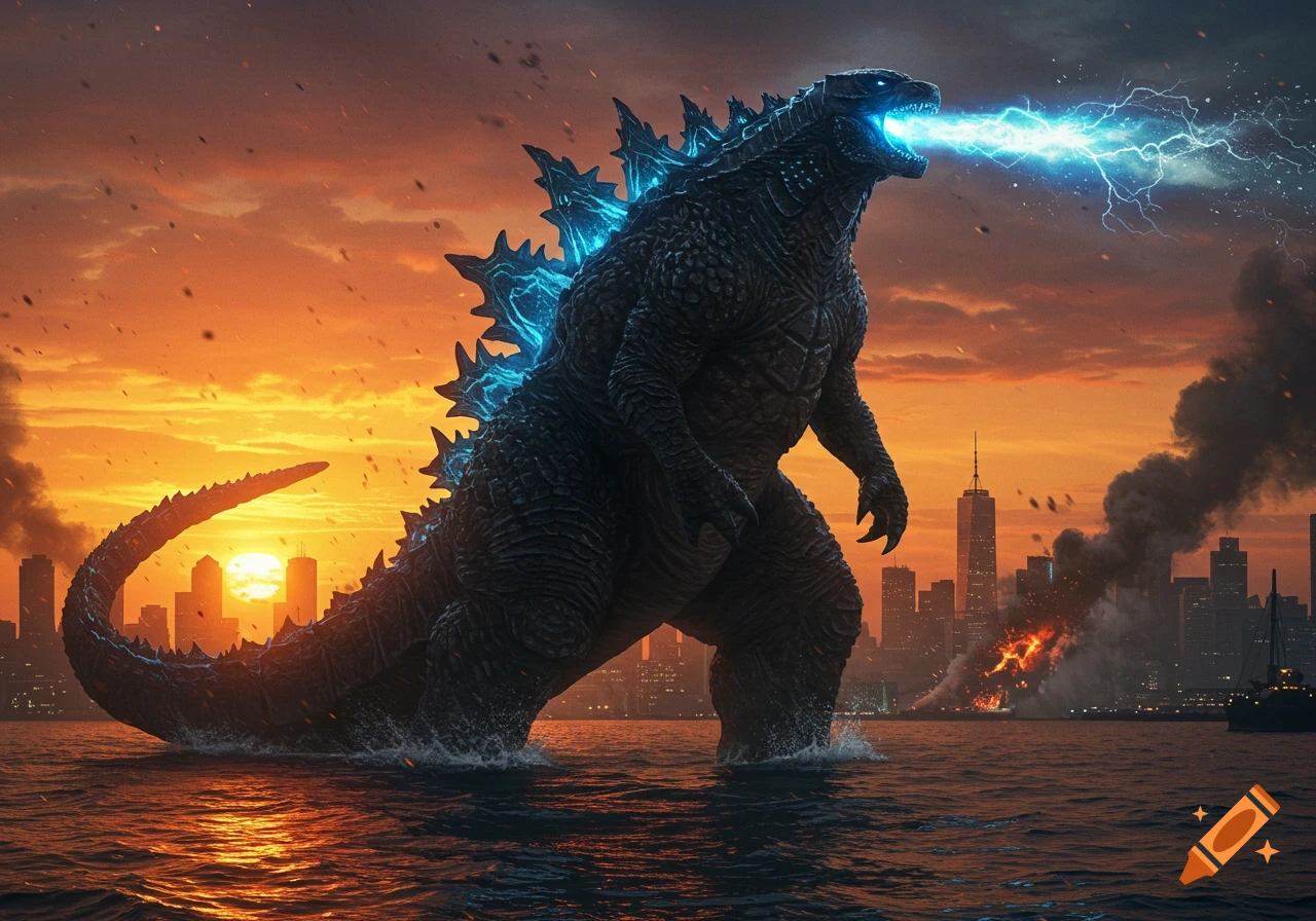Giant Godzilla-like monster with glowing blue spines and atomic breath stands in water, destroying a city at sunset.