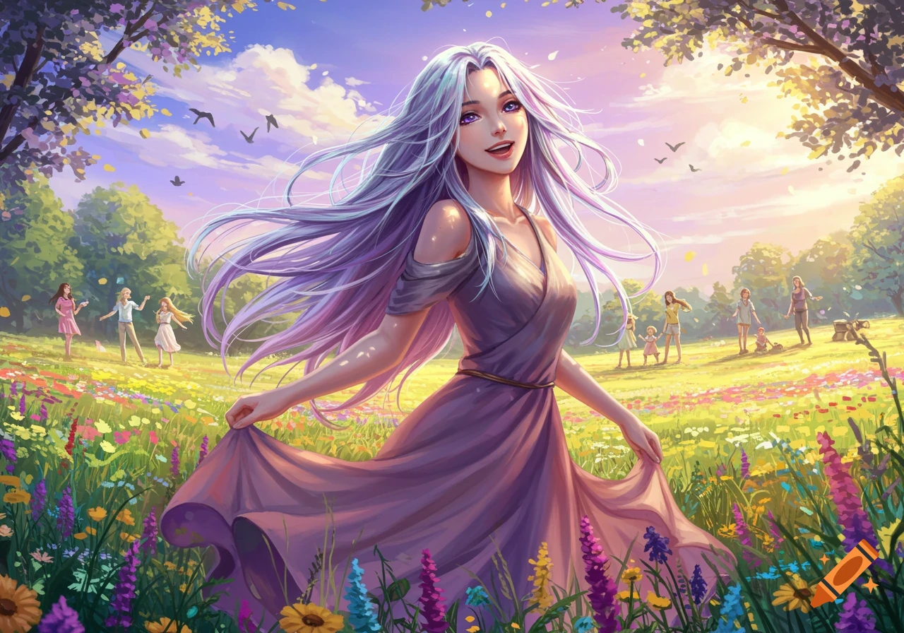 An anime-style woman with long purple hair and a purple dress smiles in a vibrant field of colorful flowers under a sunny sky, with other people in the background.